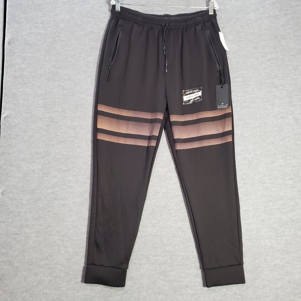 Public Record Men Activewear Pants XL Black Striped Jogger Drawstring Pocket NWT